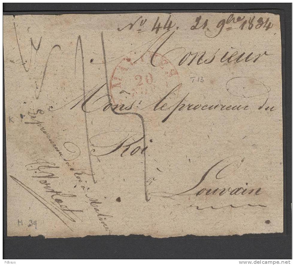 1834 FRAGMENT VAN BRIEF LETTRE MALINES NAAR LOUVAIN -  RODE STEMPEL  TYPE 13 - 1830-1849 (Belgique Indépendante)