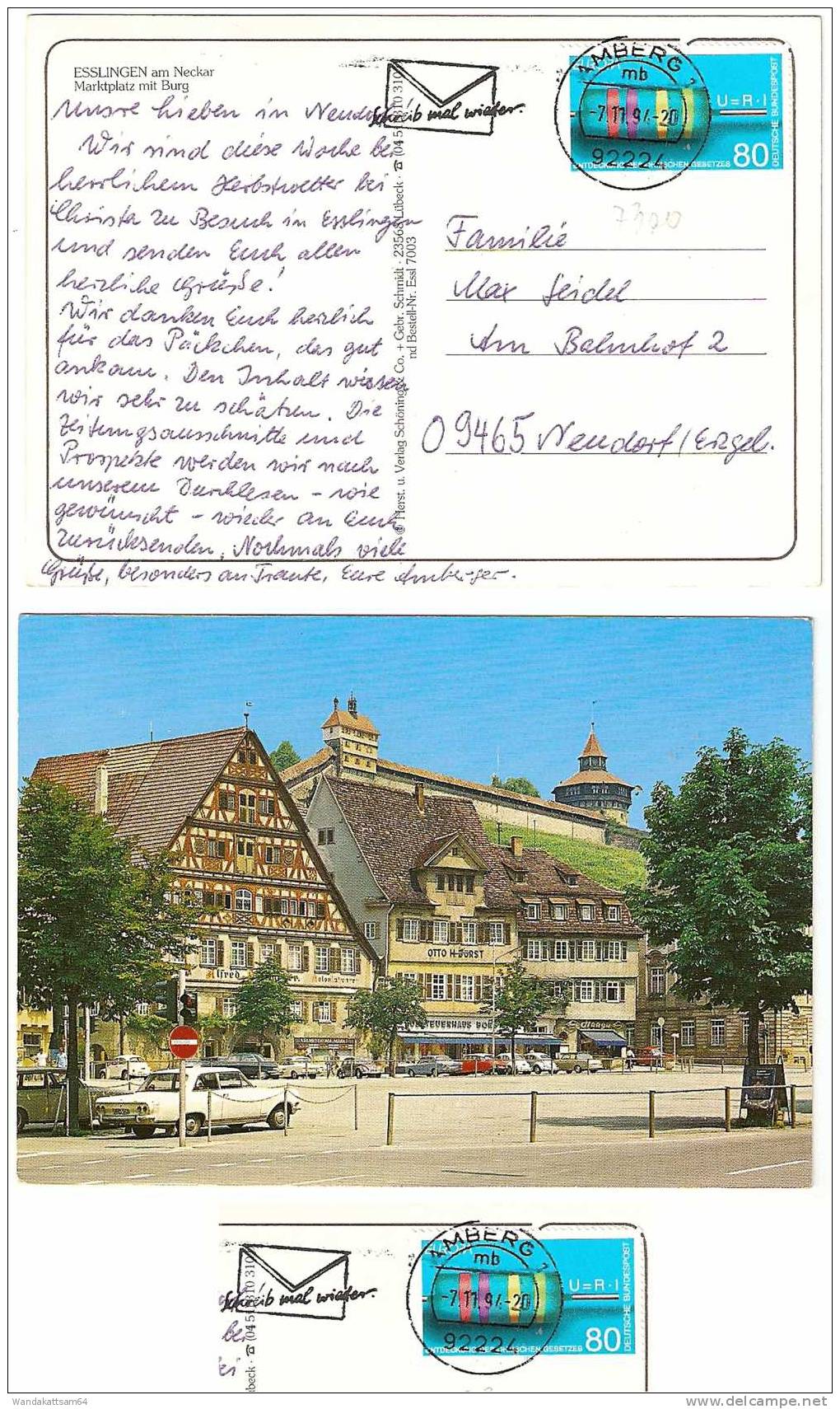 AK 7003 ESSLINGEN Am Neckar Marktplatz Mit Burg VW-Käfer Autos -7.11.94 - 20 92224 AMBERG 1 Mb Nach Neudorf Erzgebirge - Esslingen