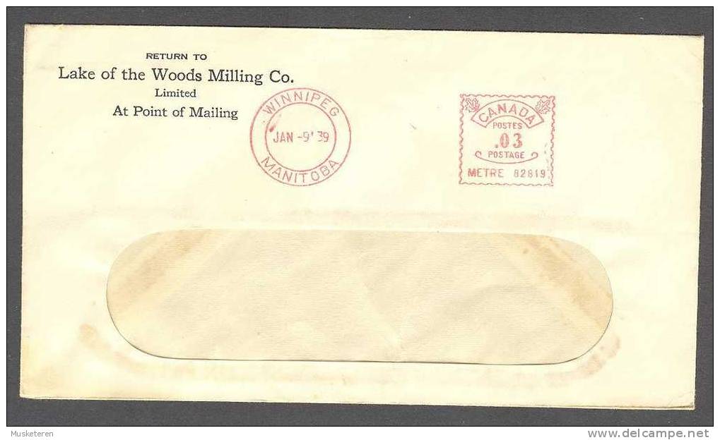 Canada Lake Of The Woods Milling Co. WINNIPEG Manitoba Meter Stamp Cancel Cover 1939 - Covers & Documents