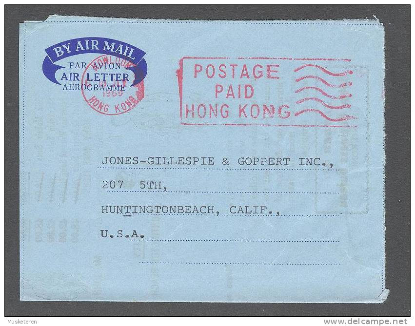 Hong Kong Airmail Air Letter Aerogramme KOWLOON 1969 Postage Paid Hong Kong Rad Cancel To Huntington Beach Calif. USA - Postwaardestukken