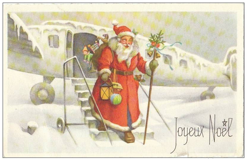 CPA NOEL Le PERE NOEL Arrive En AVION Dans La NEIGE  Avec Sa HOTTE De JOUETS - Altri & Non Classificati