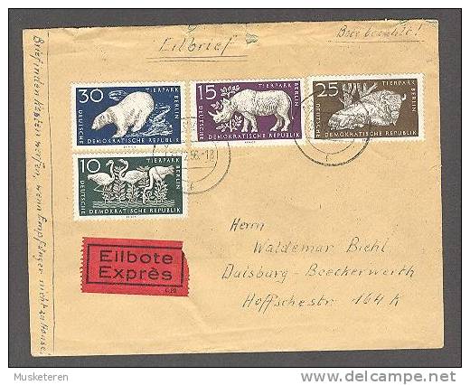 Germany DDR EILBOTE Expreés Label 1956 Bahnpost Cover Tiergarten Zoo Polar Bear Rhino Bison Flamingo Flamant - Briefe U. Dokumente