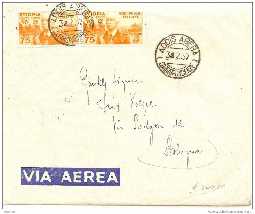REF LIT9/FBOR - COLONIES ITALIENNES ETHIOPIE LETTRE AVION ADDIS ABEBA / BOLOGNE 3/2/1937 - Etiopia