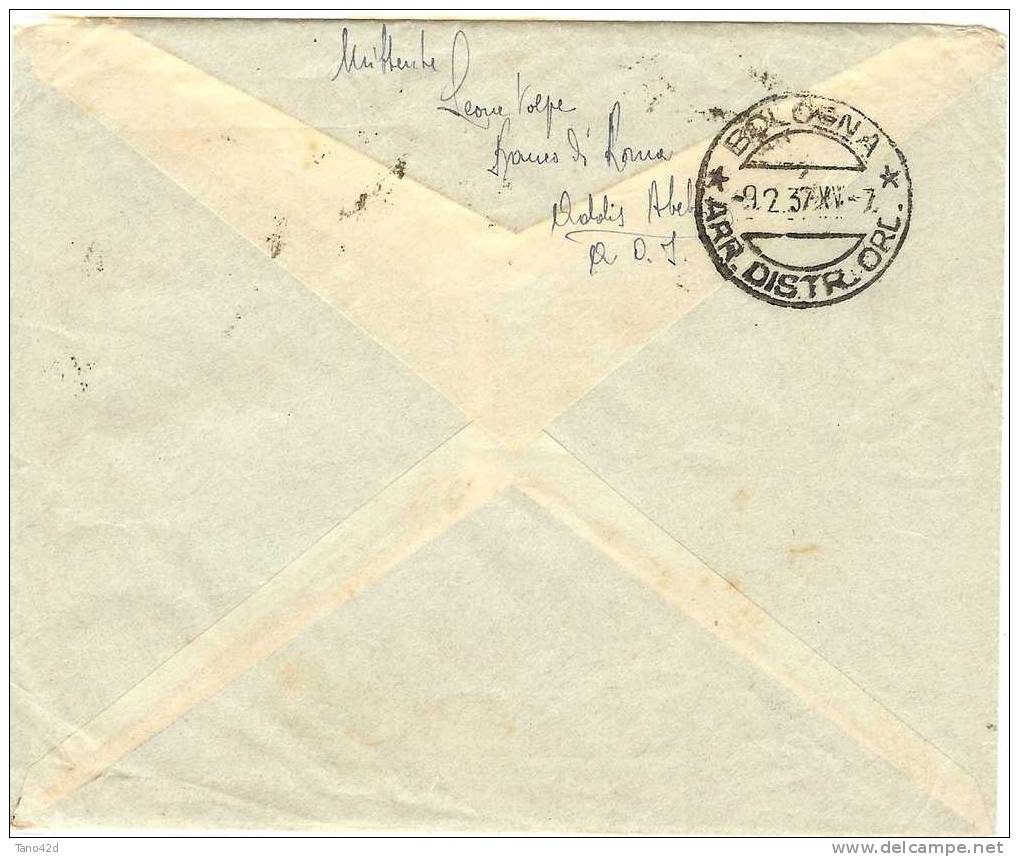 REF LIT9/FBOR - COLONIES ITALIENNES ETHIOPIE LETTRE AVION ADDIS ABEBA / BOLOGNE 3/2/1937 - Ethiopia