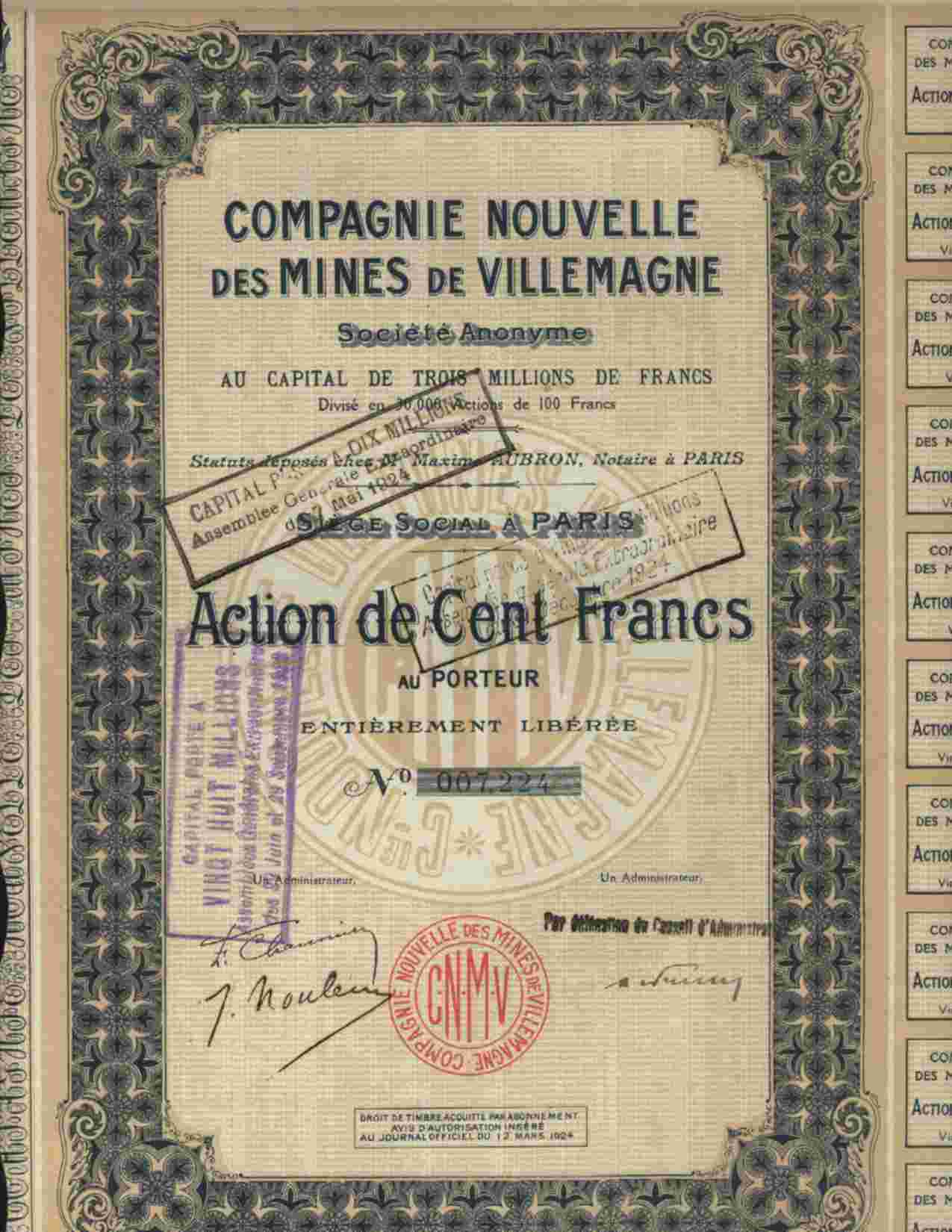 LOT DE 10 X : COMPAGNIE NOUVELLE DES MINES DE VILLEMAGNE (1924) - Mines