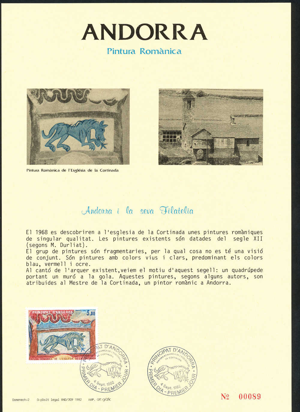 PINTURA ROMANICA DE LA IGLESIA DE LA CORTINADA  1982  Yvert 305 - FDC