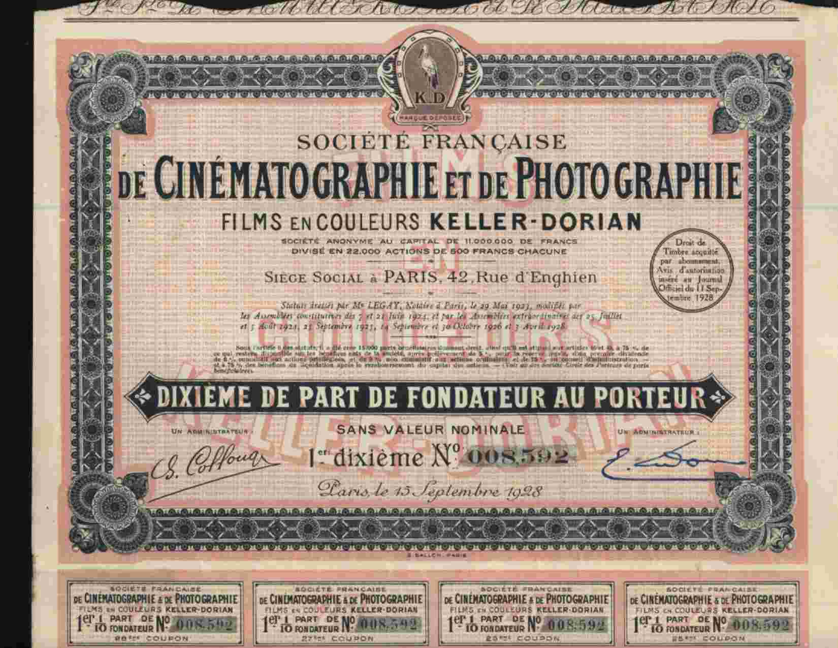 CINEMA : STE FCE DE CINEMATOGRAPHIE & DE PHOTOGRAPHIE (KELLER DORIAN) - Cine & Teatro