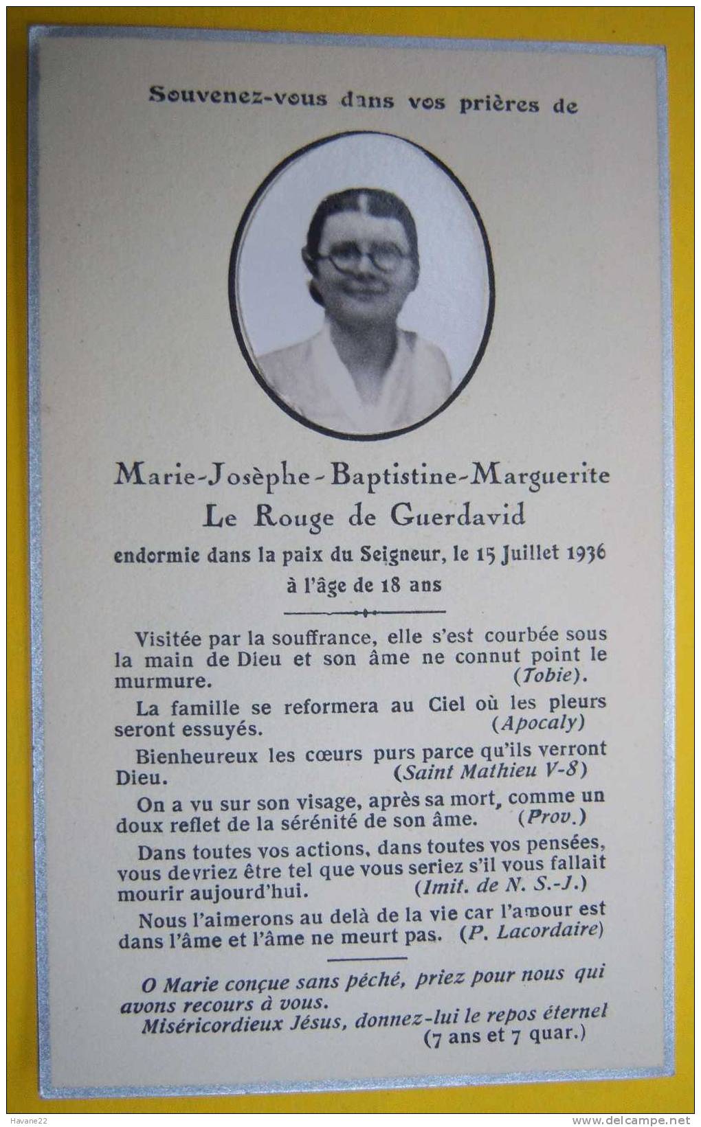 IM29  IMAGE PIEUSE MORTUAIRE MARIE JOSEPHE BAPTISTINE MARGUERITE LE ROUGE DE GUERDAVID 1936 - Devotion Images
