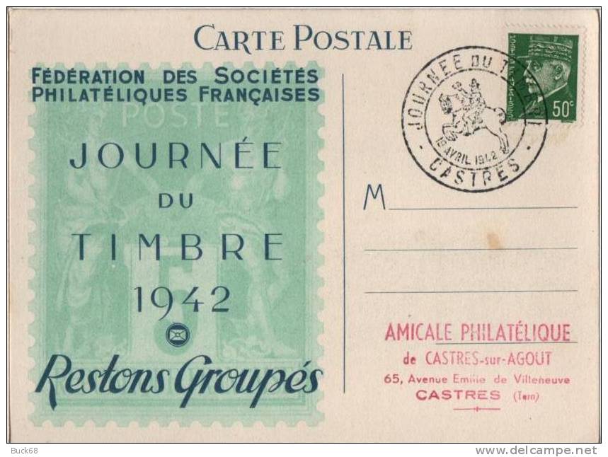 FRANCE 508 FDC Premier Jour Carte Journée Du Timbre 19 Avril 1942 CASTRES Maréchal PETAIN - ....-1949