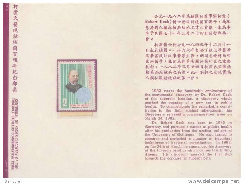 Folder Taiwan 1982 Dr. Robert Koch Stamp Medicine Tubercle Bacillus Health Microscope Famous - Neufs