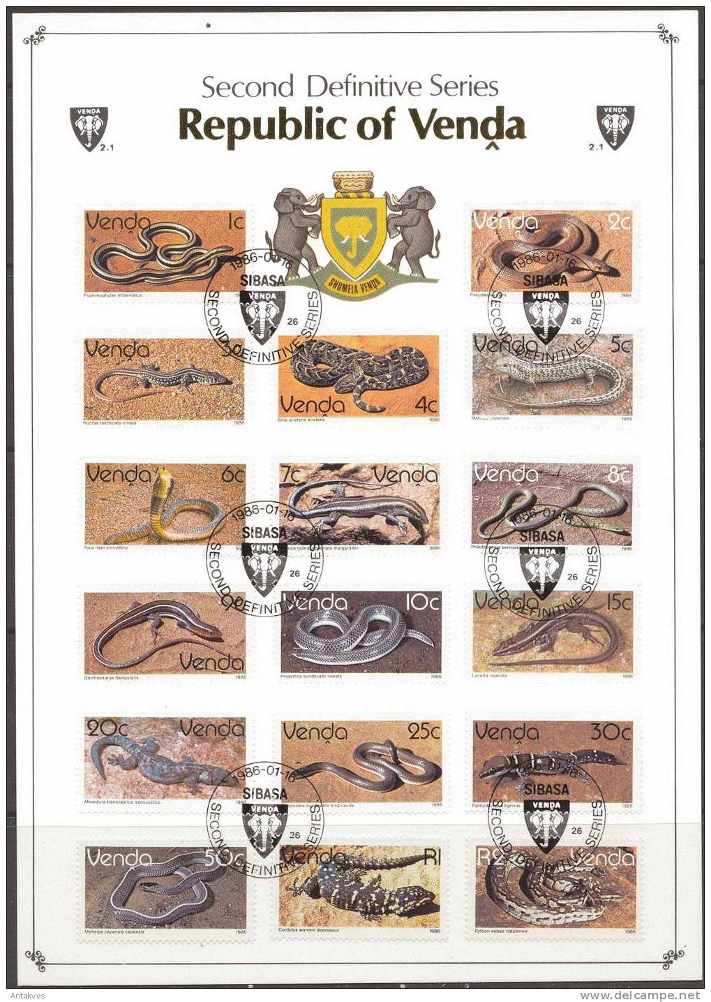 Venda 1986 Snakes Lizards Set Of 17 Special Canceled On Card - Serpenti