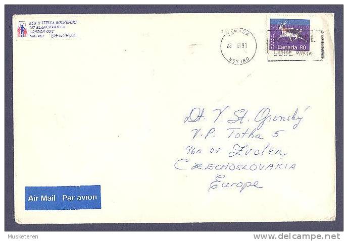 Canada Airmail Par Avion Label CANADA N5Y IBO Cancel Cover 1991 To Zvolen Czechoslovakia Peary Caribou - Airmail