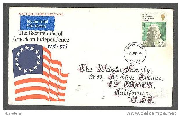 Great Britain 1976 FDC Airmail Par Avion Label Cover Bicentennial Of American Independence Benjamin Franklin To USA - 1971-1980 Dezimalausgaben