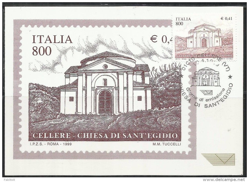 ITALIA REPUBBLICA ITALY REPUBLIC 1999 PATRIMONIO ARTISTICO CHIESA DI S.EGIDIO IN CELLERE CARTOLINA MAXIMUM FDC MAXI CARD - Cartes-Maximum (CM)