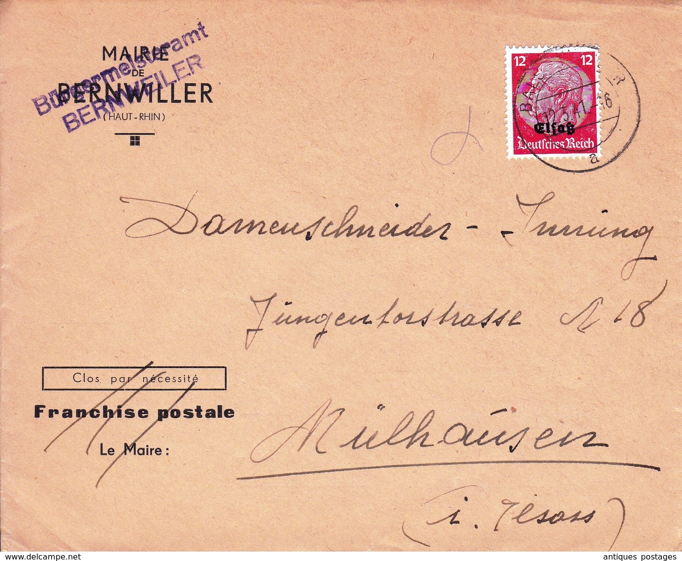 Lettre 1941 Alsace Elsass Bernwiller Bernweiller Haut Rhin Occupation Allemande Franchise Postale - Occupation 1938-45
