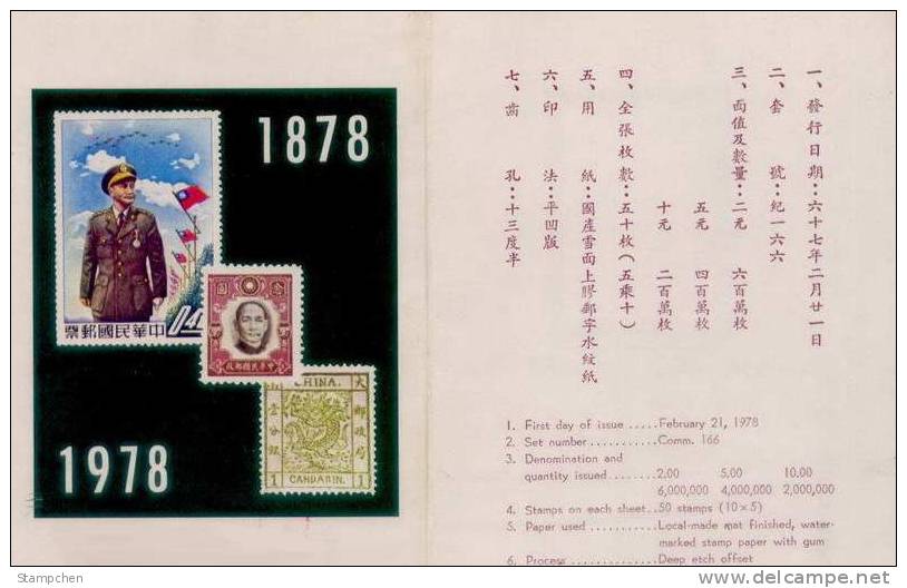 Folder Taiwan 1978 100th Anni. Of Chinese Stamps SYS CKS Plane National Flag Large Dragon Stamp On Stamp - Ongebruikt