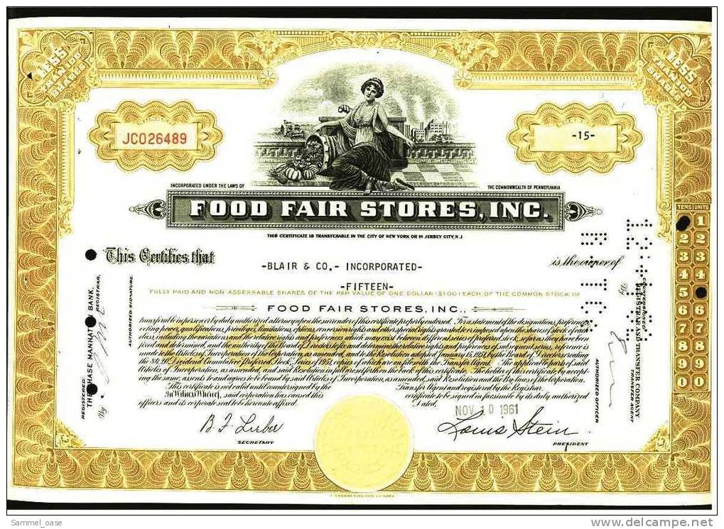 1961  Aktie  Hist. Wertpapier  -  Food Fair Stores , Inc.   -  15 Shares - D - F