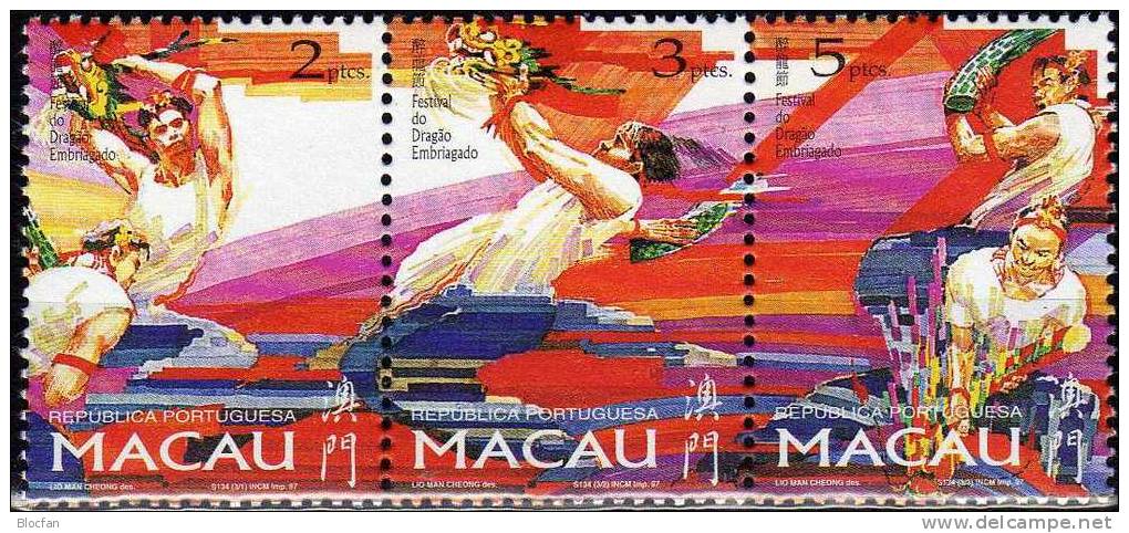 Drachenfestival 1997 MACAU 913/15,ZD+mini Sheet ** 43€ Drachenfest Mit Tänzer Und Bändern Fahnen Feuerwerk Bloc Bf Macao - Colecciones & Series