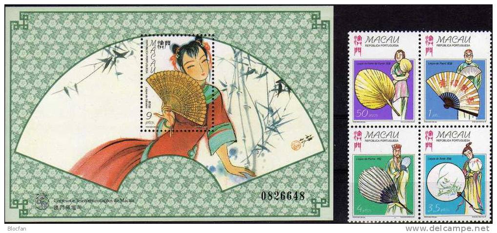 Chinesische Fächer 1997 Macau 932/5,ZD+Block 48 ** 11€ Sandelholzfächer Volkskunst Kostüme Tanz Bloc Art Sheet Bf Macao - Lots & Serien