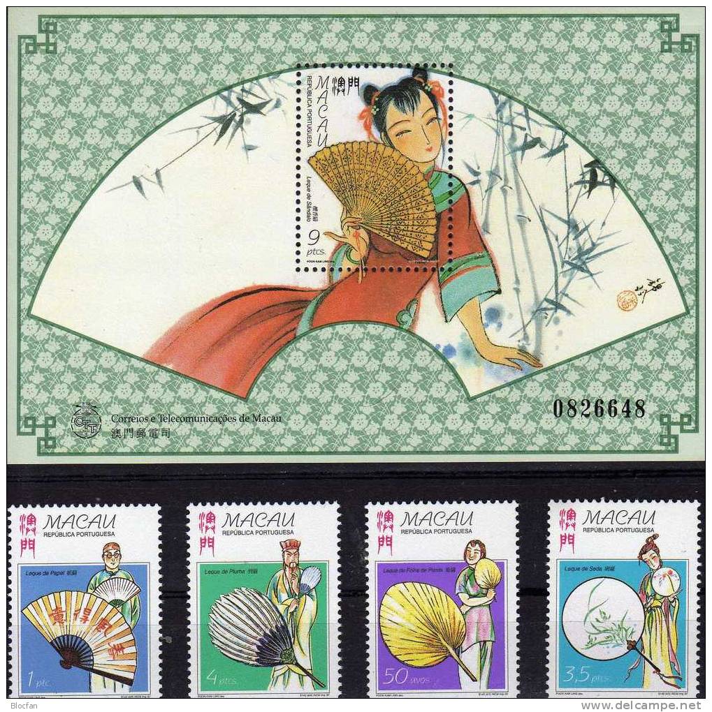 Chinesische Fächer 1997 Macau 932/5,ZD+Block 48 ** 11€ Sandelholzfächer Volkskunst Kostüme Tanz Bloc Art Sheet Bf Macao - Colecciones & Series