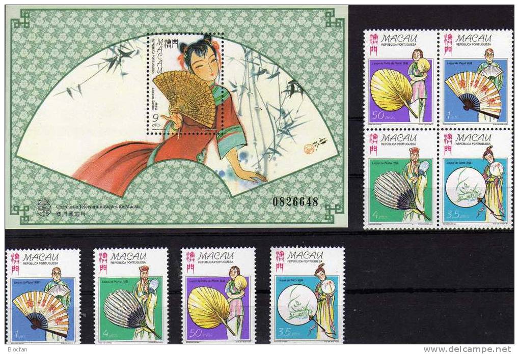 Chinesische Fächer 1997 Macau 932/5,ZD+Block 48 ** 11€ Sandelholzfächer Volkskunst Kostüme Tanz Bloc Art Sheet Bf Macao - Verzamelingen & Reeksen