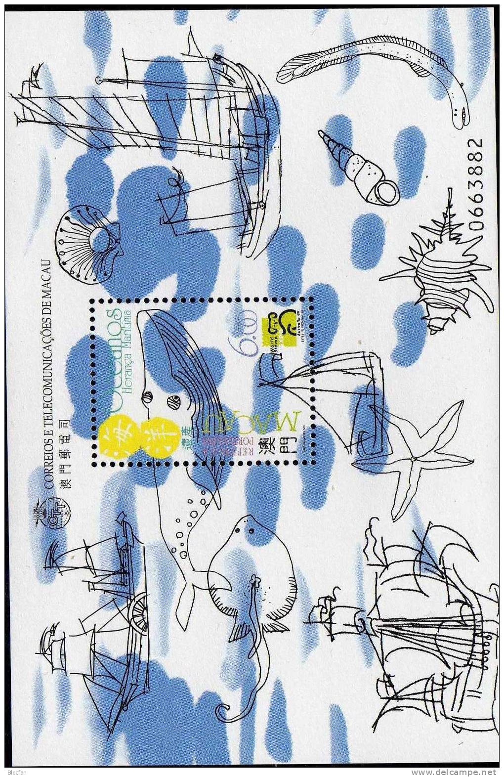 Melbourne Bartenwal 1999 MACAU 1013 Plus Block 64 ** 4€ Expo Australia Segel-Schiffe Meeresfauna Wal Bloc Sheet Bf Macao - Unused Stamps