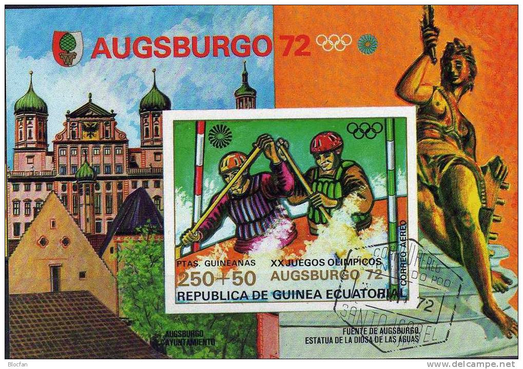 Olympic Kanu Sport 1972 Äquatorial Guinea 64A/B, Block 9 Plus 10 O 3€ Einer-Kanu In Augsburg, Kanu - Slalom In Muinch - Guinée Equatoriale