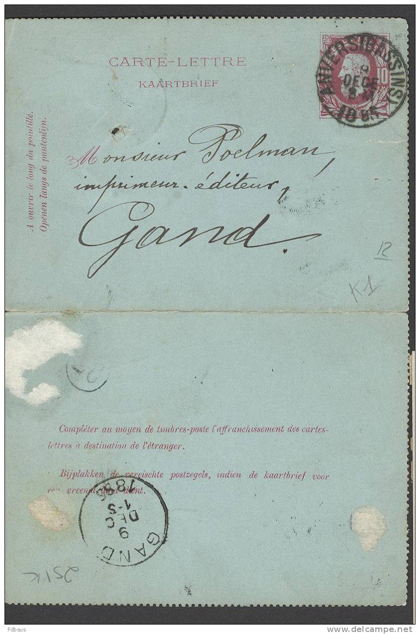 1885 - 10c  KAARTBRIEF - CARTE LETTRE ANVERS BASSINS NAAR  GAND - Letter Covers