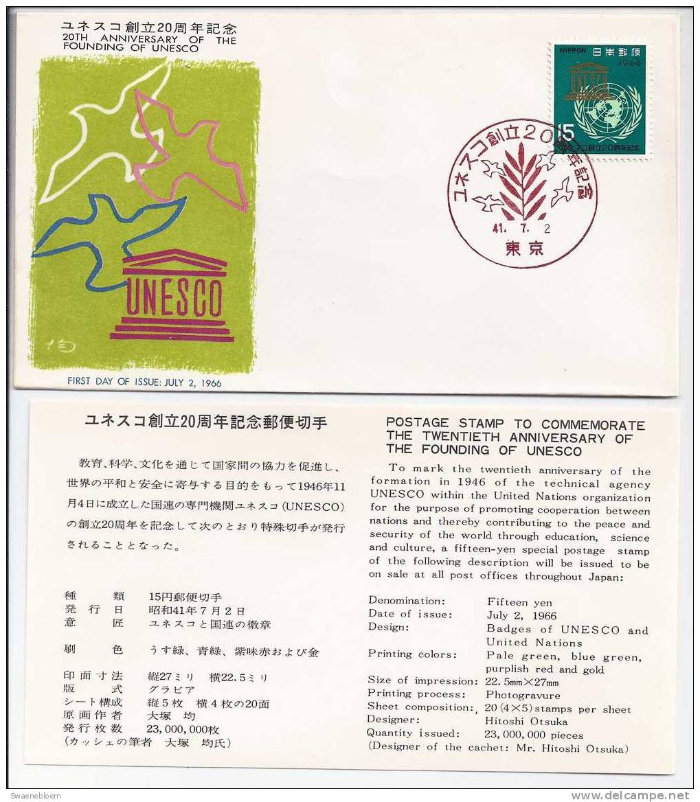 JP.- FDC 187 - First Day Cover - First Day Of Issue - 20th Anniversary Of The Founding Of UNESCO. - Nippon. July 2, 1966 - FDC