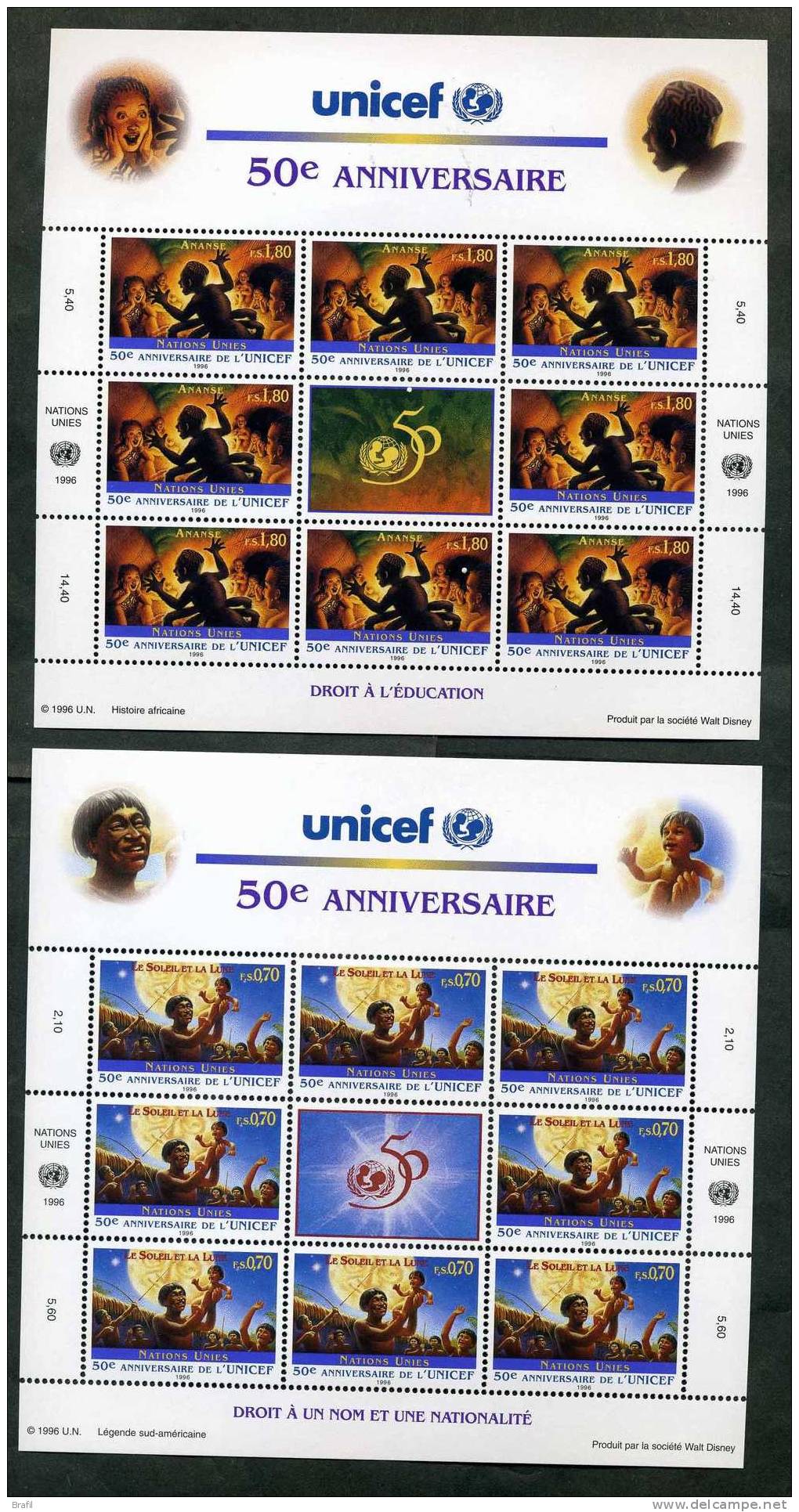 1996 Nazioni Unite Ginevra, 50° UNICEF, Minifogli Nuovi (**) - Blocks & Sheetlets