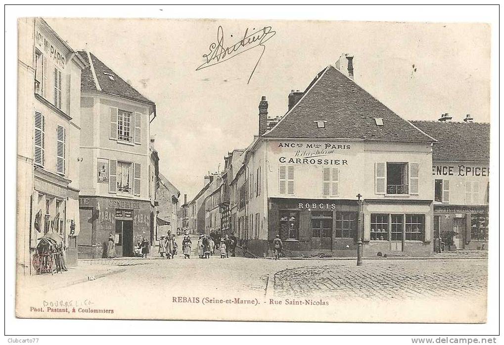 Rebais (77) : Rue Saint-Nicolas, Magasin Du Bourrelier à G Env 1905 (animée). - Rebais