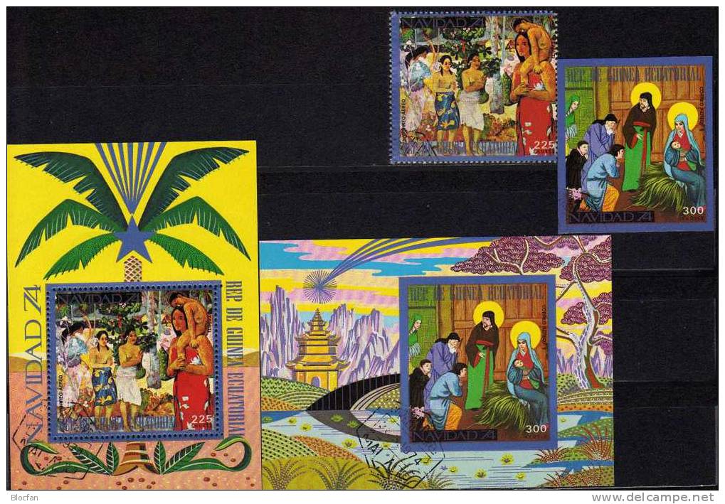 Christmas 1974 Gemälde Äquatorial Guinea 444A/B, Block 132 Plus 133 O 8€ Weihnachten Krippen - Szenen In Tahiti, China - Guinée Equatoriale
