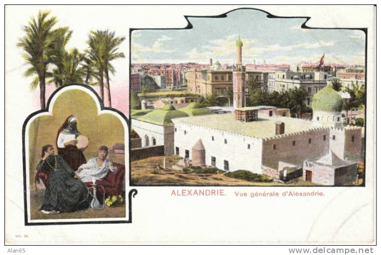 Alexandria Egypt, General View, Women With Houka Pipe, On 1900s Vintage Postcard - Alexandrie