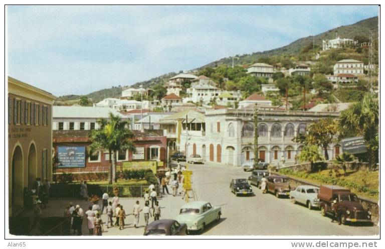 Charlotte Amalie St. Thomas Virgin Islands, Post Office, Ice Cream Sign, Many Autos Truck On C1950s Vintage Postcard - Virgin Islands, US