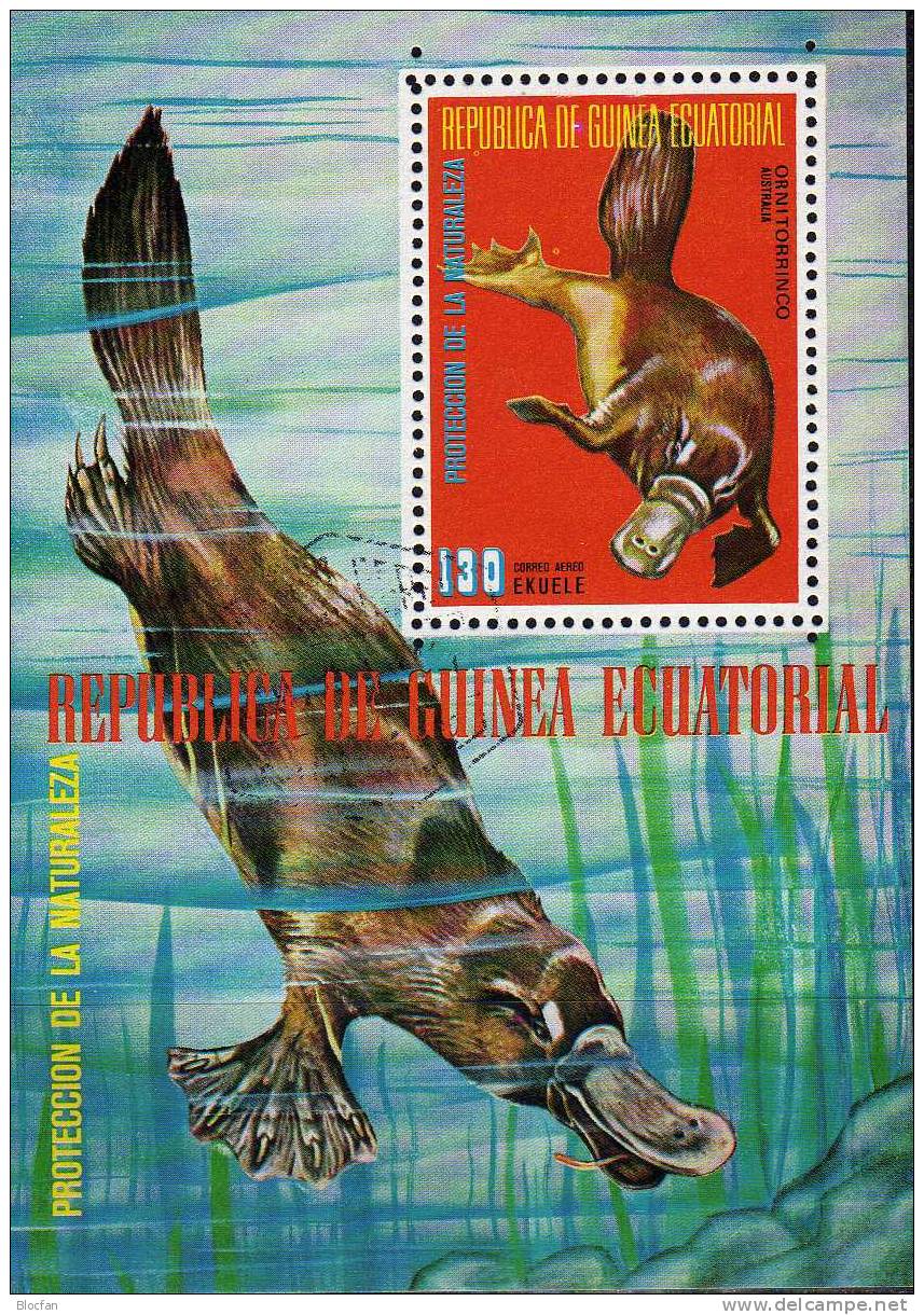 WWF Tiere Australien 1974 Äquatorial Guinea 473A/B, Block 143 Plus 144 O 5€ Schnabeltier, Kurzkopfgleitbeutler - Crustaceans