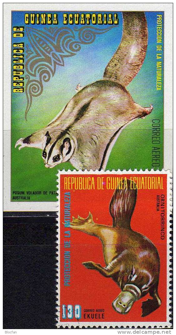 WWF Tiere Australien 1974 Äquatorial Guinea 473A/B, Block 143 Plus 144 O 5€ Schnabeltier, Kurzkopfgleitbeutler - Crostacei