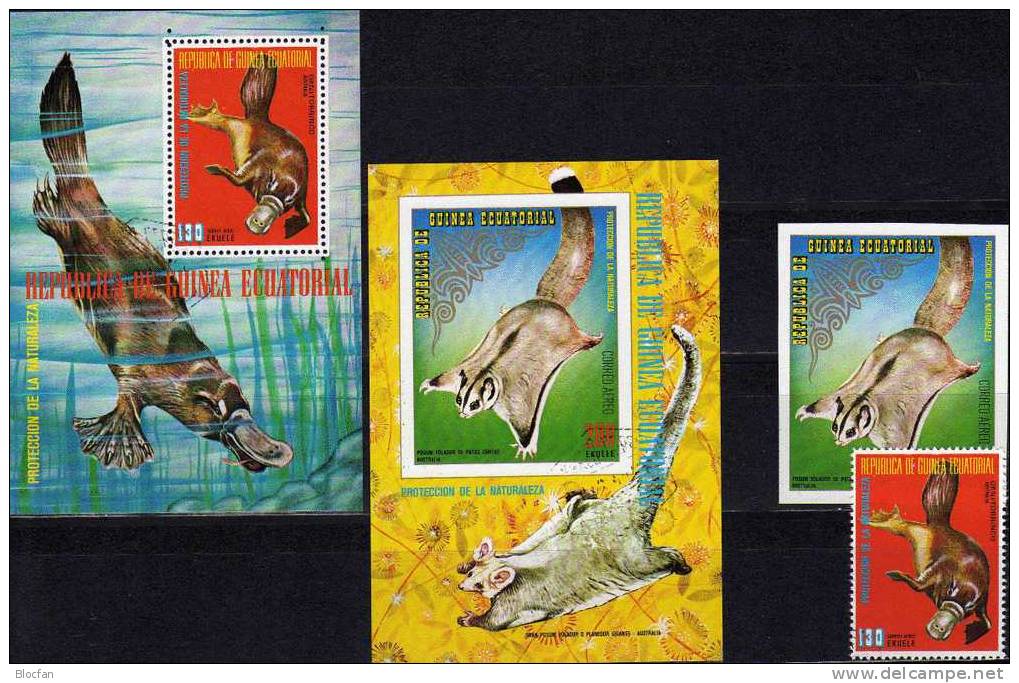WWF Tiere Australien 1974 Äquatorial Guinea 473A/B, Block 143 Plus 144 O 5€ Schnabeltier, Kurzkopfgleitbeutler - Crustaceans