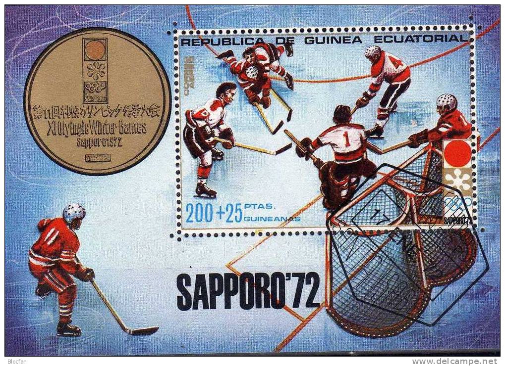 Winter Olympic Sport Sapporo 1972 Äquatorial Guinea 34A/B, Block 3 Plus 4 O 3€ Eishockey, Gold - Medailc Nippon - Hockey (sur Glace)