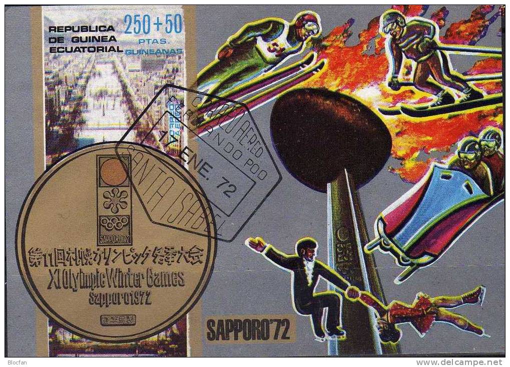 Winter Olympic Sport Sapporo 1972 Äquatorial Guinea 34A/B, Block 3 Plus 4 O 3€ Eishockey, Gold - Medailc Nippon - Hockey (sur Glace)