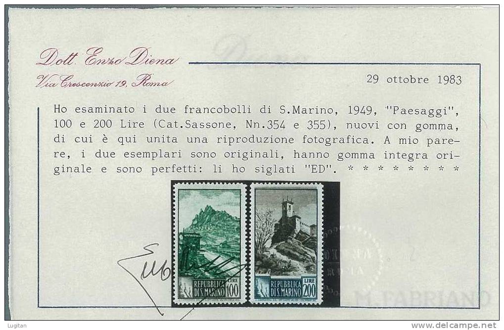 Filatelia - SAN MARINO ANNO 1949 - SERIE PAESAGGI GOMMA INTEGRA NUOVI ** MNH - CERT.DIENA - Blocks & Kleinbögen