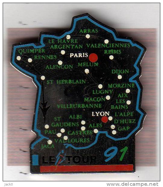 Pin´s  Sport  CYCLISME  Tour  De  France  91  Sur  Carte  De  France  Argentée - Ciclismo