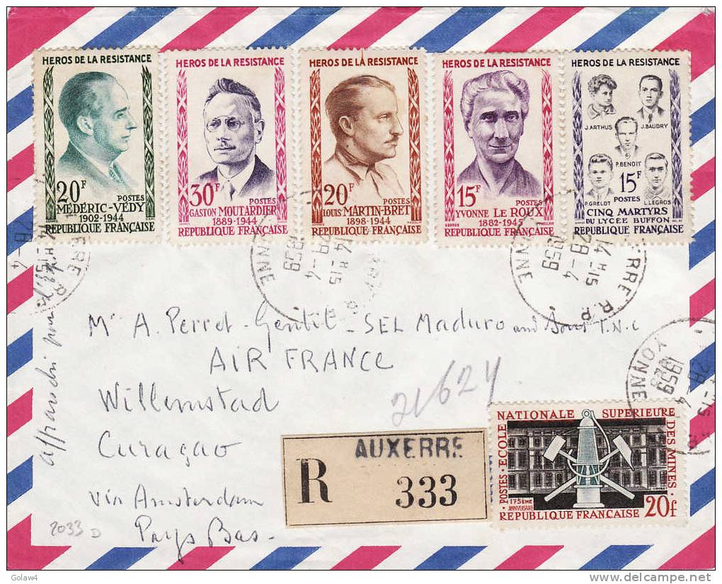 2033# Y&T N° 1198 à 1202 RESISTANTS / LETTRE RECOMMANDEE Obl AUXERRE YONNE 1959 Pour CURACAO Via AMSTERDAM COVER - 1921-1960: Période Moderne