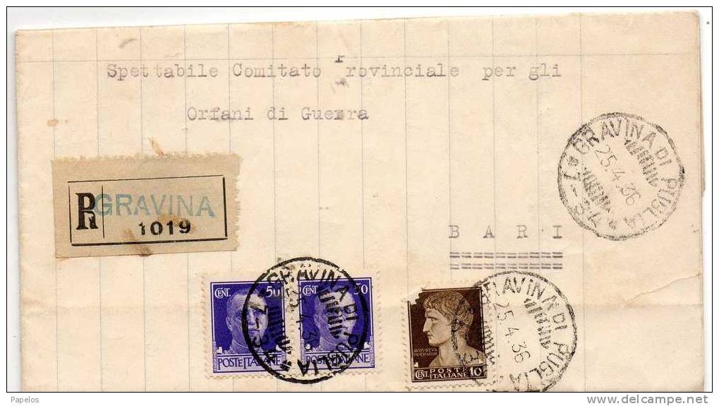 1936 LETTERA RACCOMANDATA GRAVINA - Storia Postale