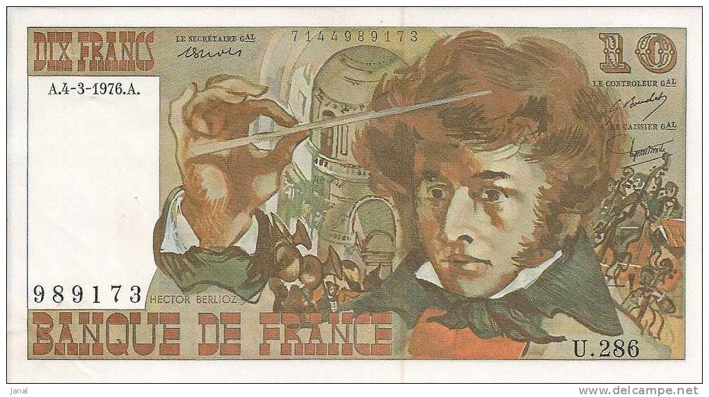 - FRANCE - BILLETS - 10 F - BERLIOZ - A .3 - 1976 - A . N° 989173 - U . 286 - - 10 F 1972-1978 ''Berlioz''