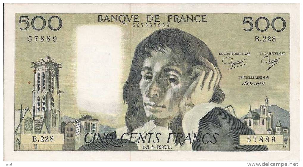 - FRANCE - BILLETS - 500 F - PASCAL - D- 3 - 4 - 1985 - D -  N° 57889 - B . 228 - - 500 F 1968-1993 ''Pascal''