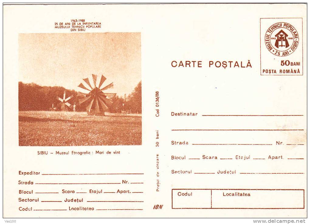 Romania  1988 Stationery Postcard Windmills,moulins Cod.136/88. - Moulins