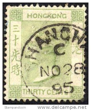 Hong Kong #47a (SG #39) Used 30c Yellow Green Victoria From 1882 - Used Stamps