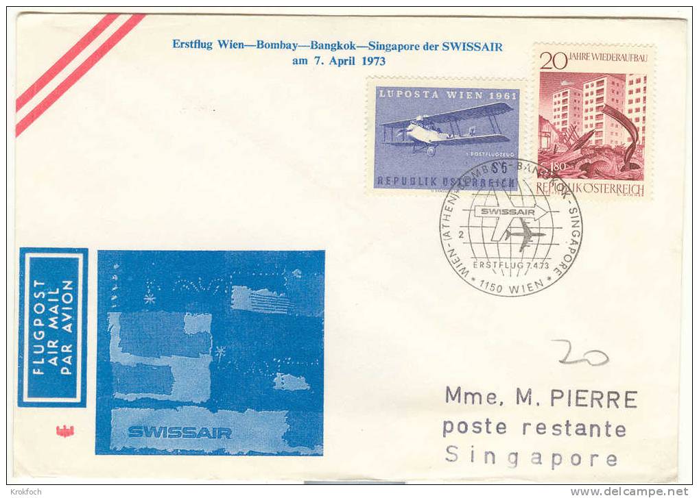 Erstflug Swissair Wien Bombay Bangkok Singapore 1973 - Singapour India Thailande - Premier Vol - Premiers Vols