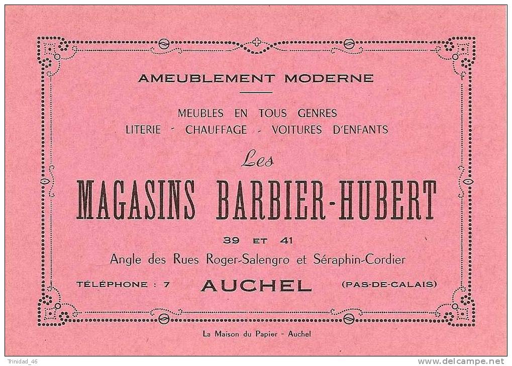 AUCHEL 62  ( MAGASINS BARBIER - HUBERT )  CARTE COMMERCIALE - Cartes De Visite