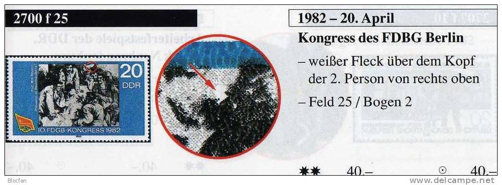 Abart FDGB-Kongress Weißer Fleck Am Kopf DDR 2700 Von Feld 25 ** 42€ Mit Vergleichsstück Gemälde Von Willi Neubert - Se-Tenant